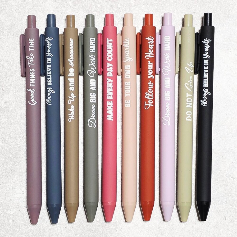 Pack Of 10 Assorted Ballpoint Pens- Earthy Colors Aesthetics Positive Quotes New